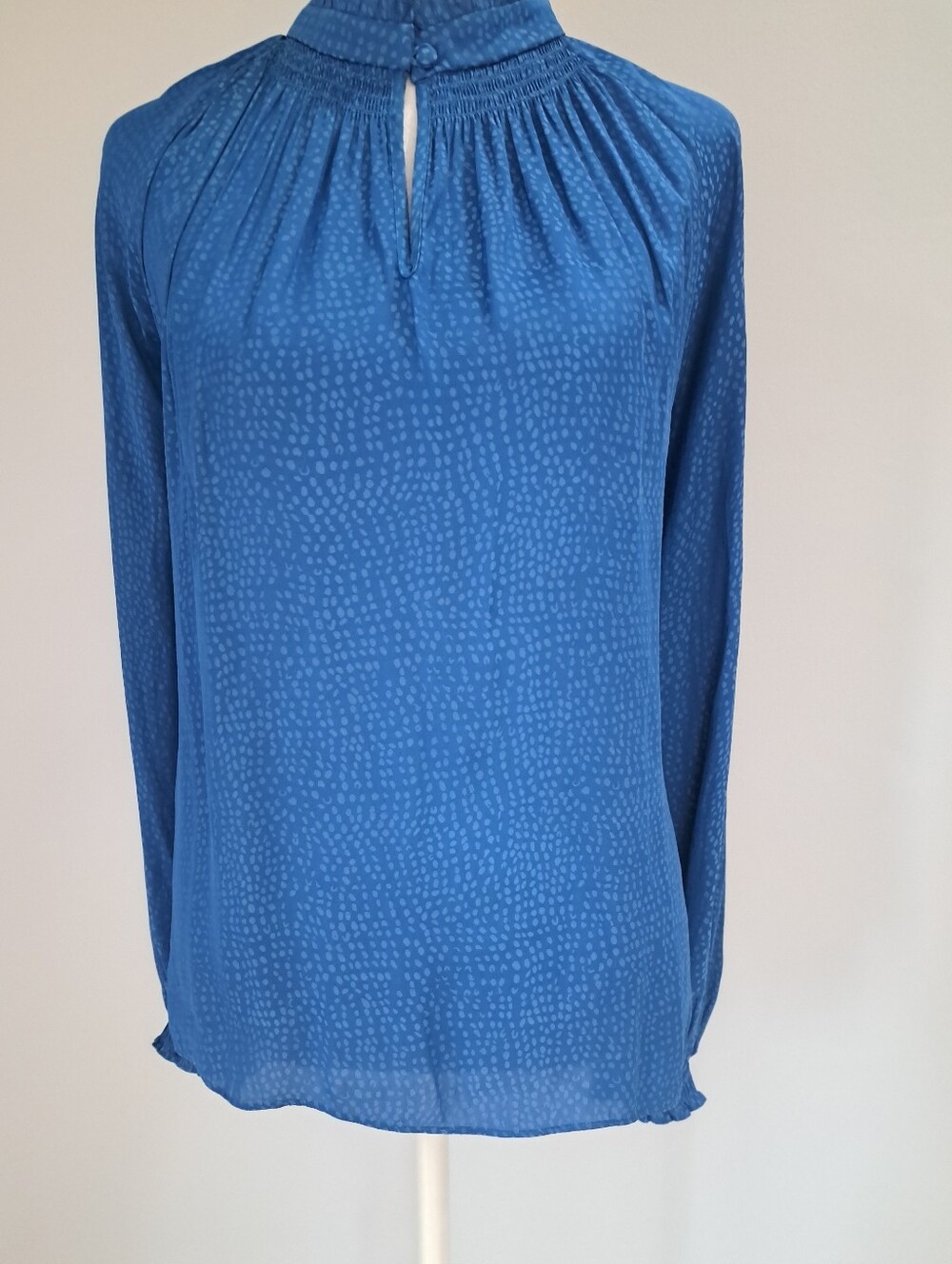 NWT White House Black Market Teal Smocked Neck Long-Sleeve Satin Blouse